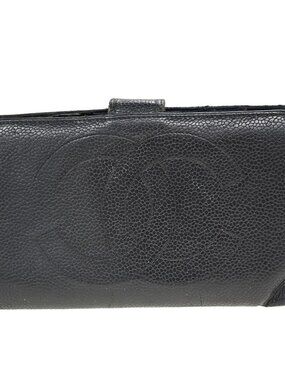 Chanel Long Bifold Wallet Purse Black Calfskin NQ05180